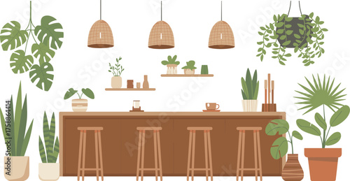 Botanical café interior, cozy bar counter, woven pendant lights, potted plant decor, nature-inspired design, relaxing vibe, home illustration