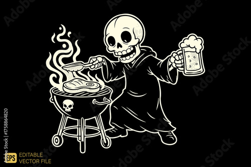 Grim Reaper Skull Grilling Steak and Holding Beer Mug.