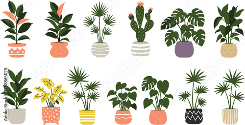 Colorful potted plants, decorative pots, botanical illustration, playful foliage, indoor greenery, cozy home decor, nature art, vibrant plant collection