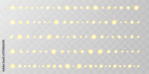 Star light string, fairy bulb garland. Merry Christmas frame png, glitter festoon vector. 3d warm lamp, isolated noel element. Gold bokeh wedding decoration, xmas festive wire line. Night party border