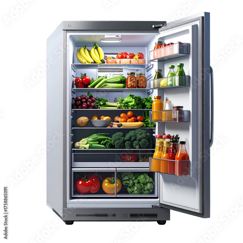 Fully stocked refrigerator filled with fresh produce, various fruits, and other ingredients