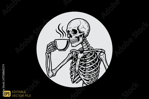 Skeleton enjoying a hot cup of coffee or tea.