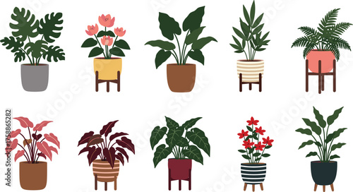 Ten indoor potted plants, foliage and flower mix, red leaves, pink blossoms, botanical decor icons, modern pot design vector set