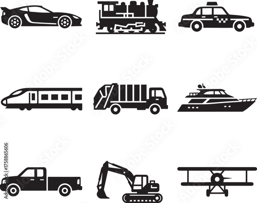 Diverse Transportation & Vehicle Icons: Black Silhouettes of Cars, Trains, and Aircraft