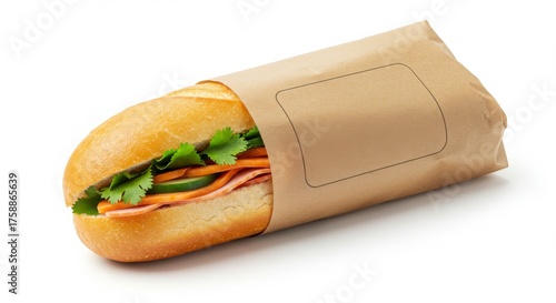 banh mi sandwich in paper wrap with clear label area on a white background for food photography