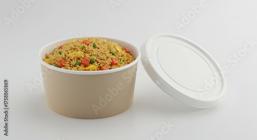 fried rice in round paper bowl with flat branding lid isolated on a plain background for food photography or presentation