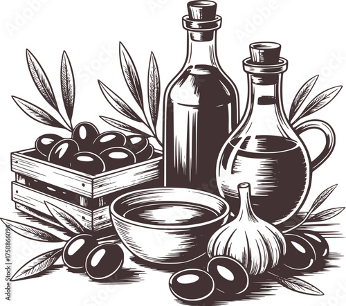 Olive oil bottles with olives garlic and leaves vector