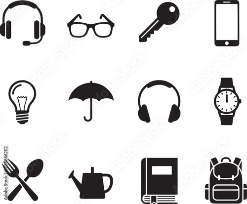 Household, Finance, and Utility Black Icons Vector Set: 16 Solid Silhouette Symbols
