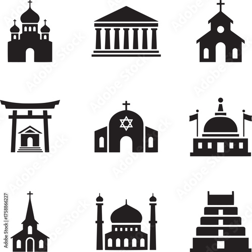 Global Religious and Cultural Buildings Black Silhouette Icons: Worship and Architecture Vector Set