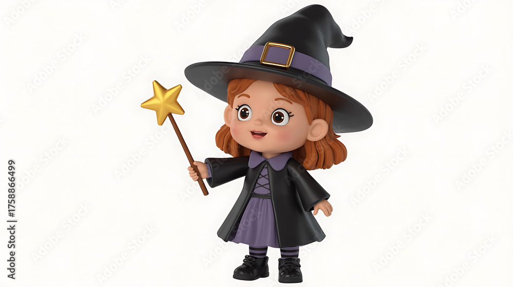 Obraz premium Young witch with a pointed hat and wand, radiating magic and playful fantasy.
