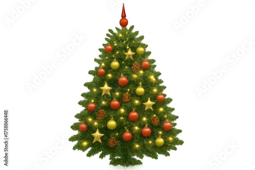 Christmas tree decorated with glowing lights, red and golden ornaments, stars, and pine cones, celebrating winter holidays