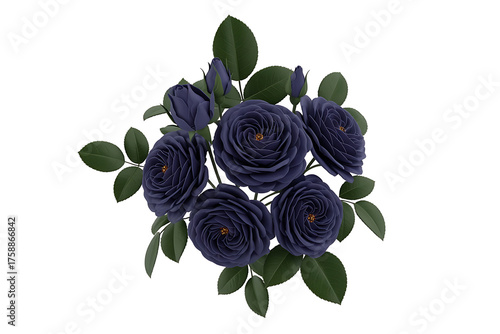 A cluster of deep blue roses and lush green leaves, creating a beautiful floral arrangement.