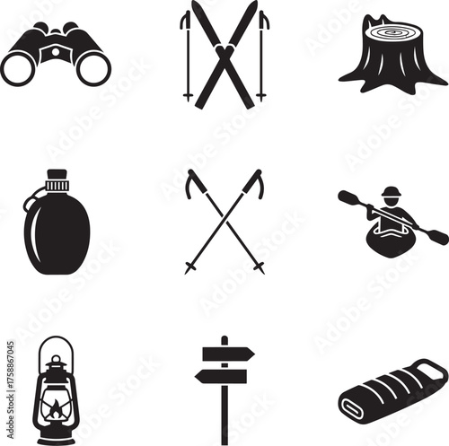 Outdoor Adventure Camping Hiking Travel Black Icon Set