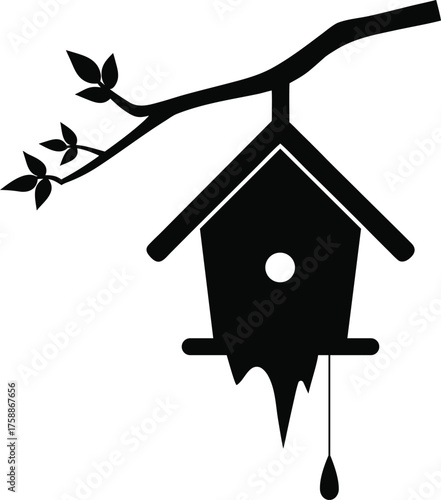 Birdhouse hanging from a tree branch silhouette isolated on white background isolated on transparent background