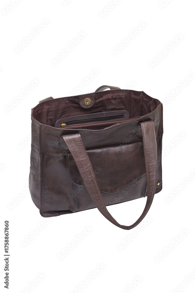Fototapeta premium Open dark brown leather tote bag with pockets and handles