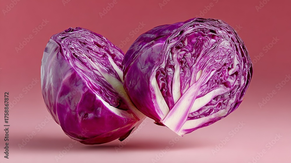 Fototapeta premium Two pieces of purple cabbage are shown, one of which is cut in half