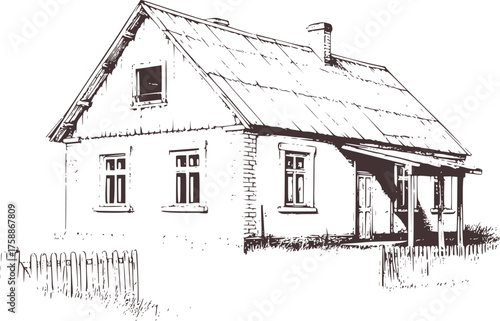 Weathered rural dwelling with corrugated roof and porch house