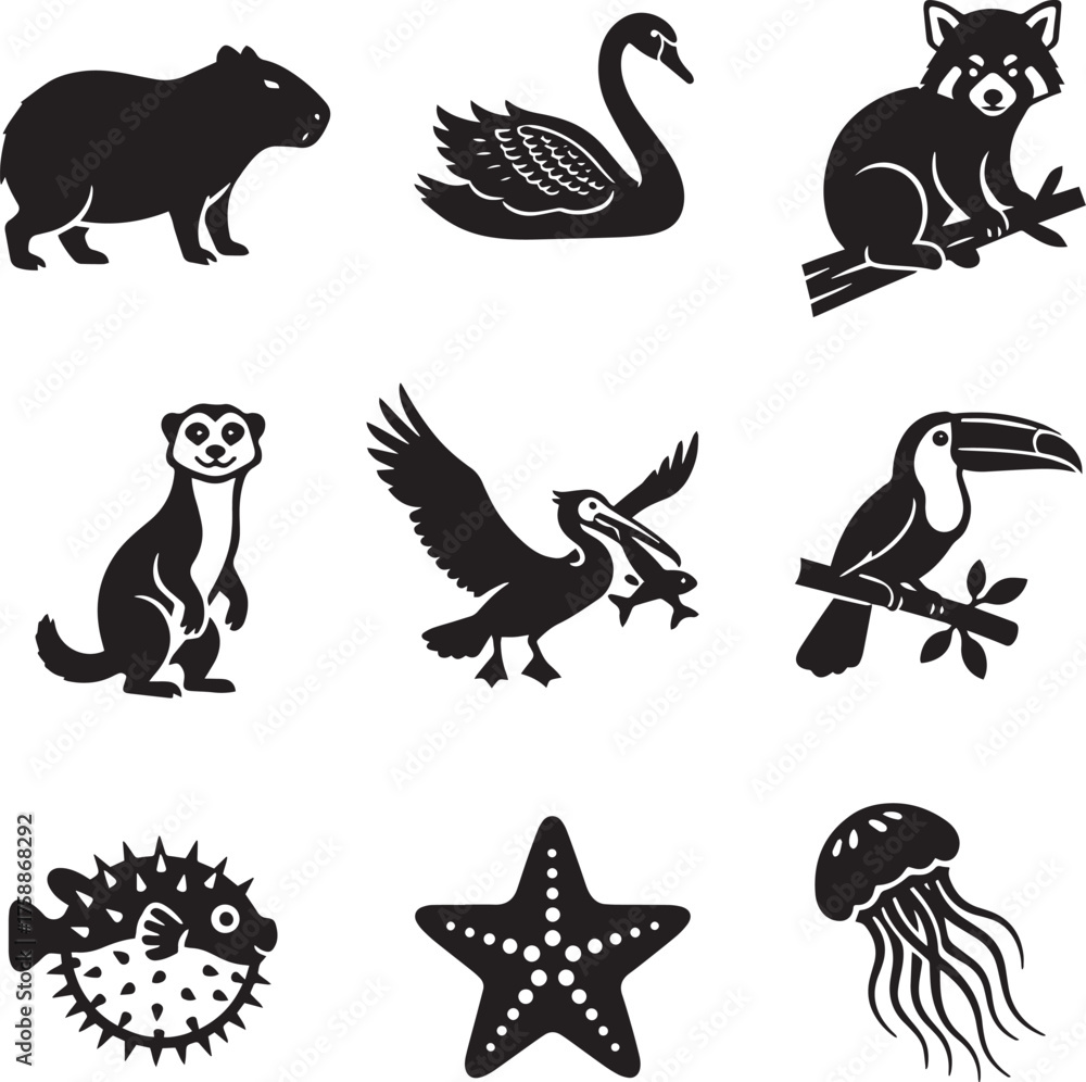 Naklejka premium Exotic Wildlife and Animal Silhouettes Vector Collection