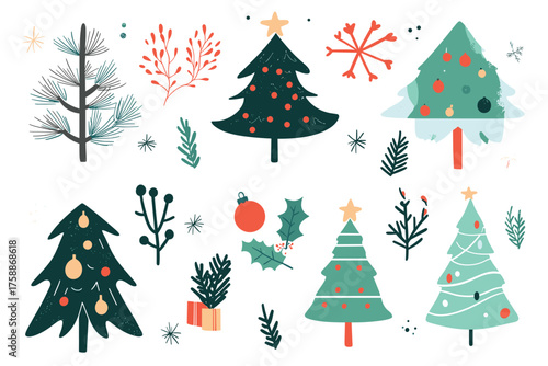 Collection of six diverse green fir trees isolated on for festive design illustration