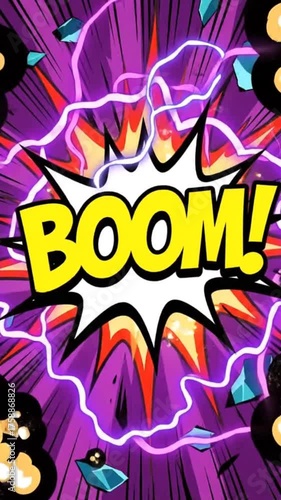 Comic book style explosion with boom on purple background