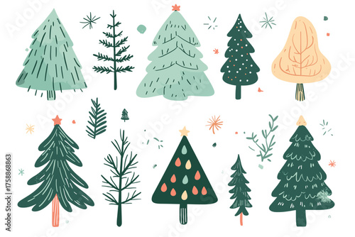 Collection of six diverse green fir trees isolated on for festive design illustration