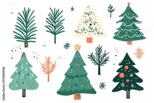 Collection of six diverse green fir trees isolated on for festive design illustration
