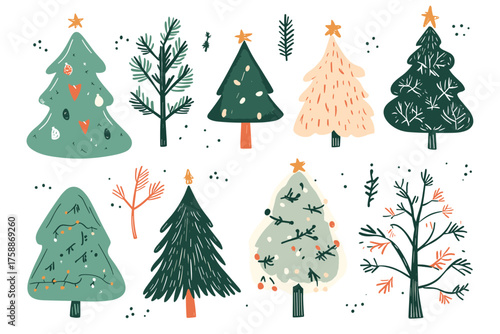 Collection of six diverse green fir trees isolated on for festive design illustration