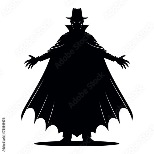 Mysterious silhouette of a gothic vampire character in a top hat and cape with open arms