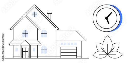 Two-story house with windows, a garage, round clock with a blue accent, and a leaf design. Ideal for architecture, homebuilding, sustainability, environment, time planning modern living simple