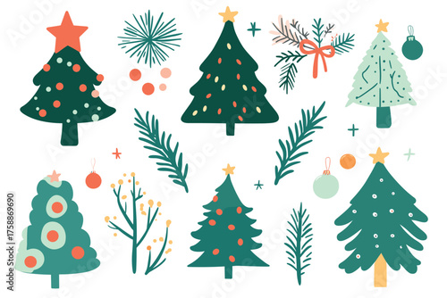 Collection of six diverse green fir trees isolated on for festive design illustration