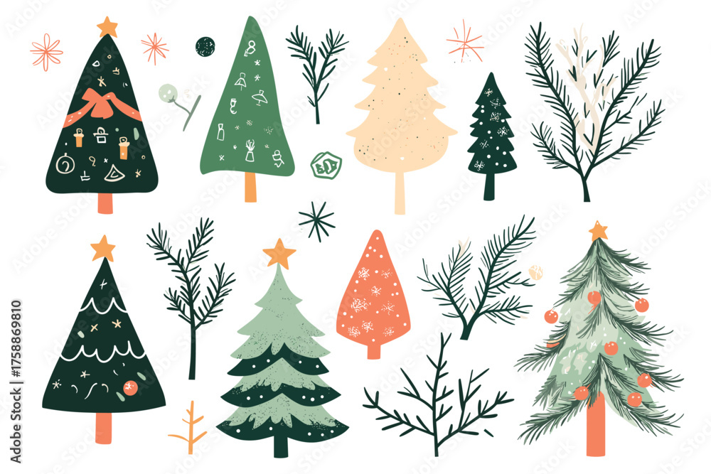 Obraz premium Collection of eight diverse evergreen pine trees isolated on a illustration