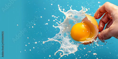 Cracking egg with splash, yolk flying high in action