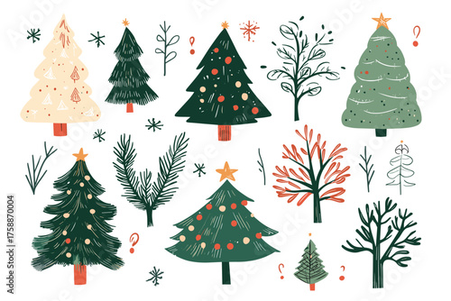 Collection of six diverse green fir trees isolated on for festive design illustration
