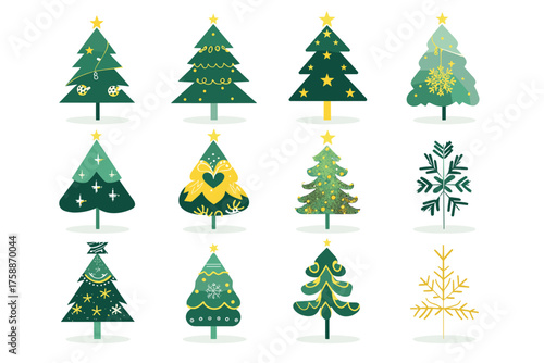 Collection of six diverse green fir trees isolated on for festive design illustration