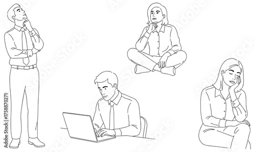 Thinking and working icon set, black outline illustrations of people in contemplative and focused poses, isolated white background vector collection