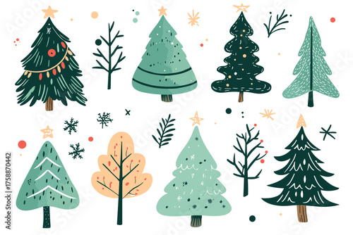Collection of six diverse green fir trees isolated on for festive design illustration