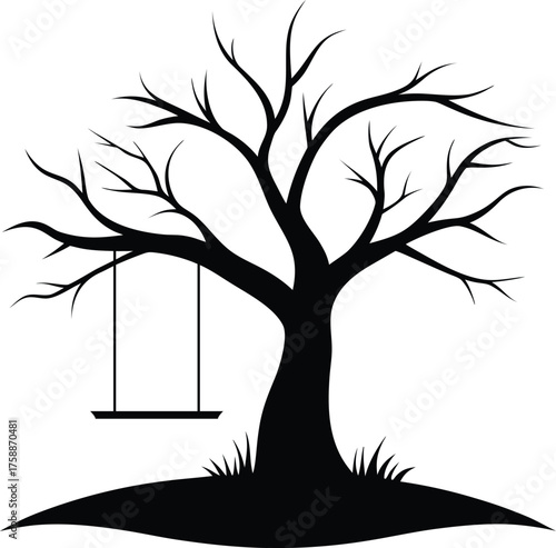 Silhouette of a bare tree with a swing isolated on white background isolated on transparent background