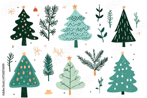 Collection of six diverse green fir trees isolated on for festive design illustration