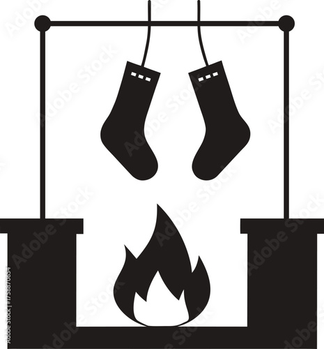 Christmas stockings hanging over fireplace silhouette isolated on white background isolated on transparent background