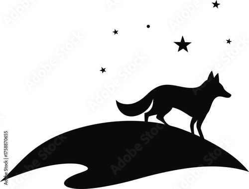 Fox silhouette standing on a hill under the stars silhouette isolated on white background isolated on transparent background