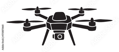 Black outline icon of a quadcopter drone with four propellers and a camera, ideal for aerial photography and videography concepts.