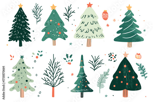 Collection of six diverse green fir trees isolated on for festive design illustration