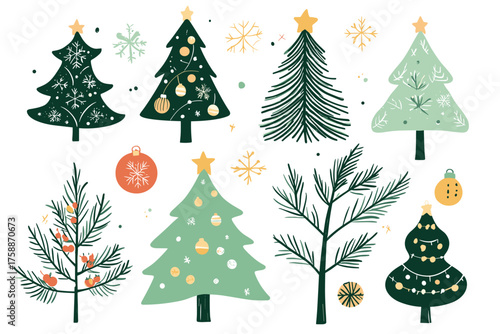Collection of six diverse green fir trees isolated on for festive design illustration