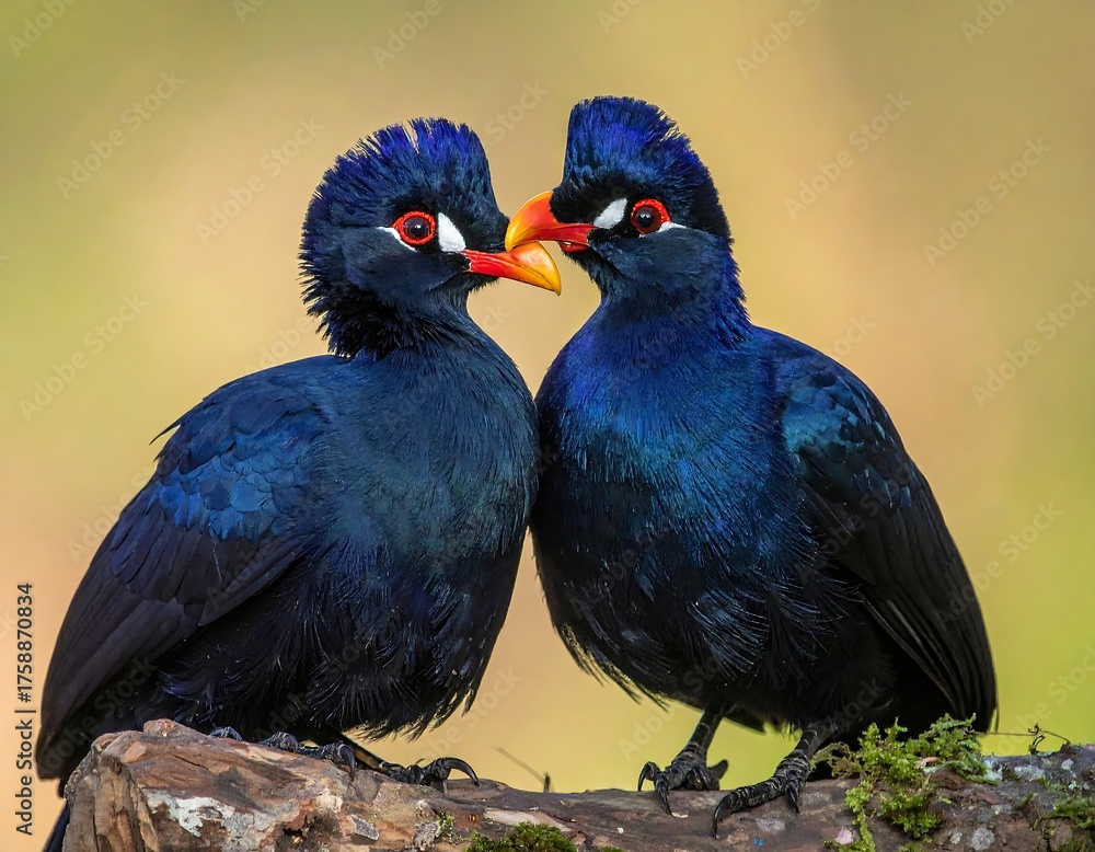 Fototapeta premium Two birds with vibrant blue plumage and red eye-rings, facing each other
