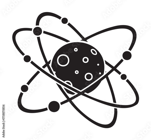 Black and white atomic model with elliptical orbits surrounding a central nucleus depicting scientific concepts.
