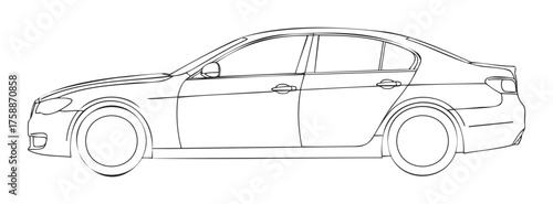 Black outline drawing of a midsize luxury sedan, showcasing the elegant design and aerodynamics in a side profile view.