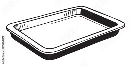 Black outline drawing of a rectangular baking tray with simple linear shading for culinary and kitchenware concepts.