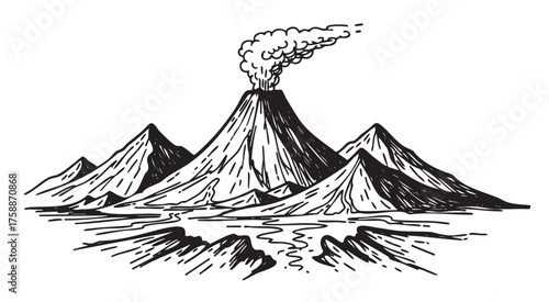 Black outline drawing of an erupting volcano with smoke, surrounded by a range of smaller mountains, depicted in a sketchy style.