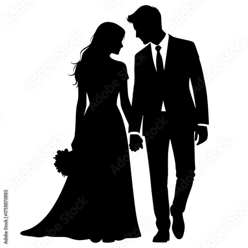 A black silhouette of a Western wedding couple illustrated in a clean vector style. Perfect for wedding invitations, greeting cards, romantic posters, event designs, and digital or print projects.