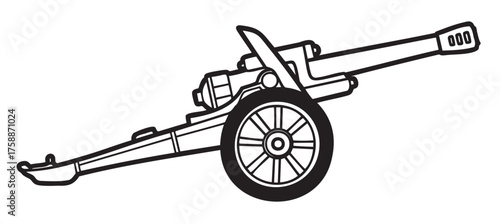 Black outline drawing of a historical artillery cannon with a single wheel, showcasing detailed mechanical parts.